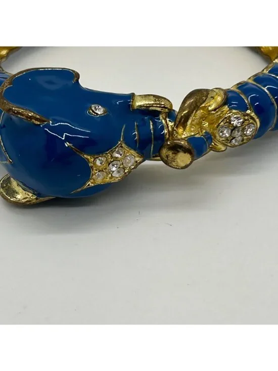 Vintage Enamel Gold-Tone Hinged Teal Blue Elephant Clamper Bangle Bracelet Rhine - Picture 6 of 11